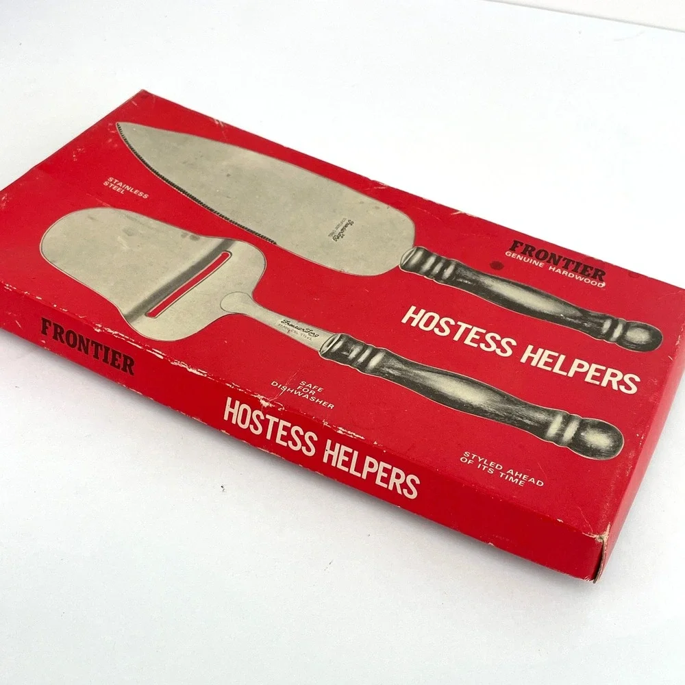 Vintage Frontier Forge Hostess Helpers Cheese Slicer Pie Server Set Wood‎ Handle